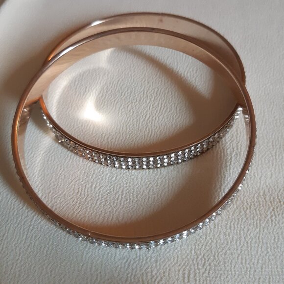 2 Gold Tone Metal Bangle Bracelets, 3 Rows of Rhinestones - Picture 3 of 10